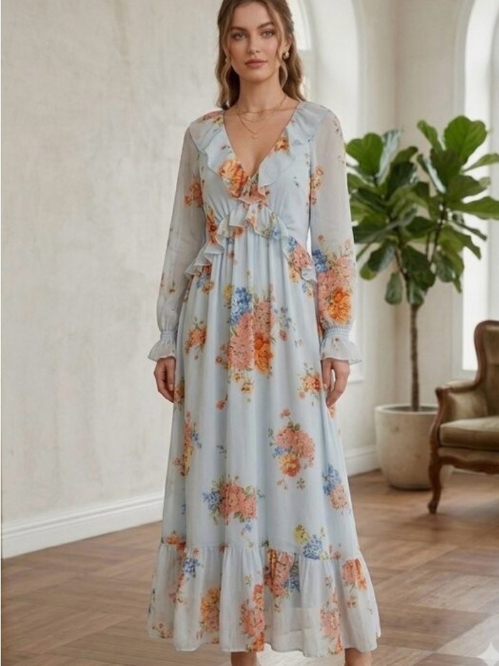 4.) NWOT / Patrons of Peace / Floral Ruffle Maxi Dress in Light Blue